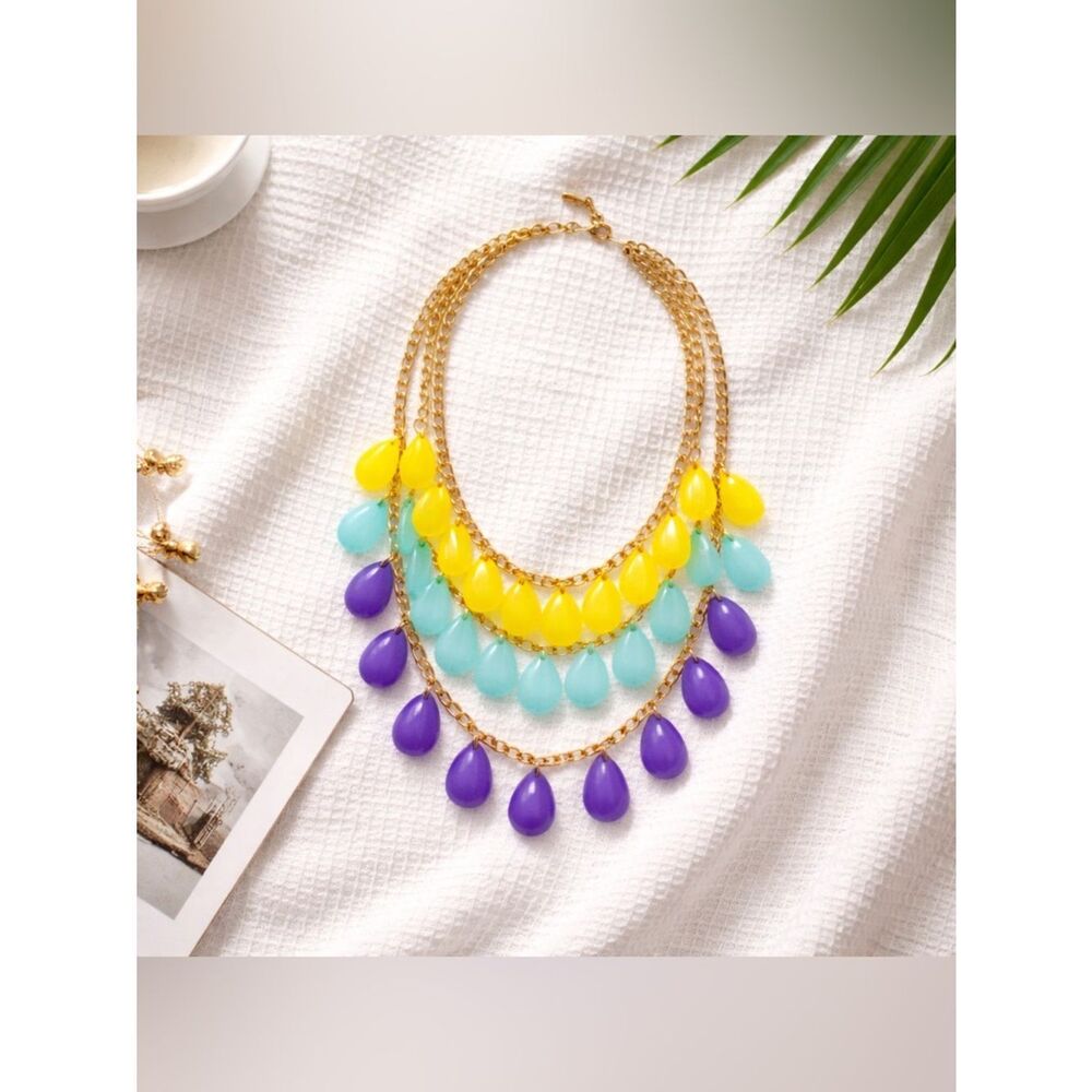 🛍️ Lavender blue 3 strand gold chain bib necklace, jewelry